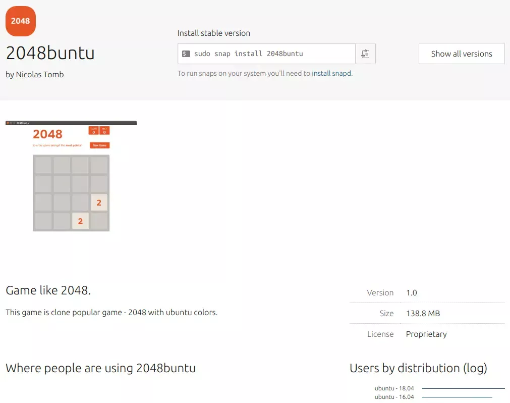 Listagem do aplicativo 2048ubuntu na Snap Store