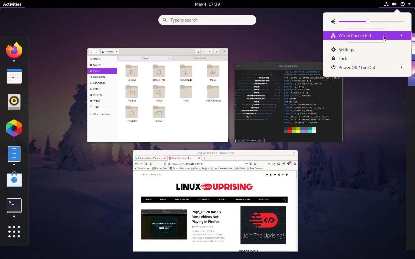 Violeta Adwaita cores variantes no Fedora 32
