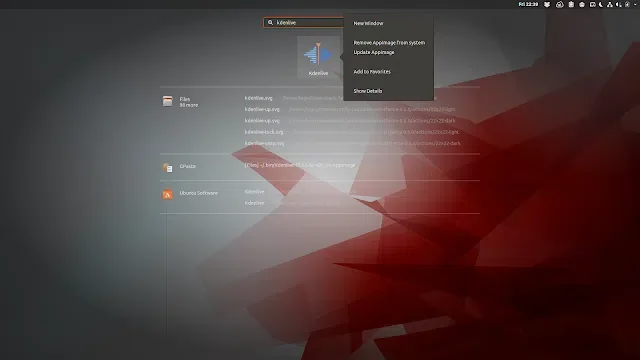 Gnome Shell mostrando opções para atualizar AppImage ou remover