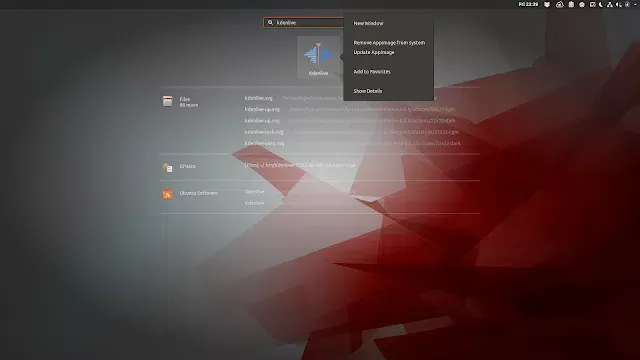 Gnome Shell mostrando opções para atualizar AppImage ou remover
