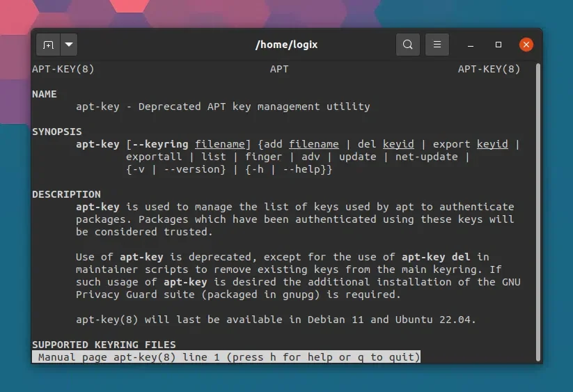 página do manual do apt-key obsoleta