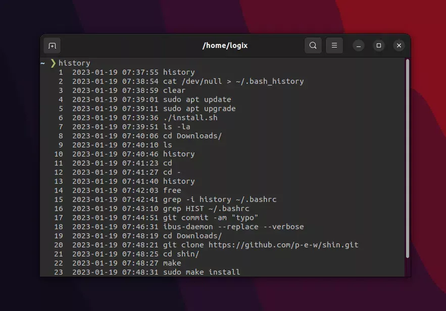 Histórico do terminal - shell bash