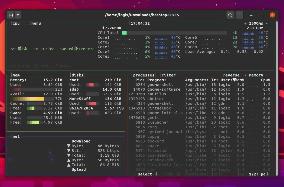 Bashtop Linux Bash monitor de recursos TUI