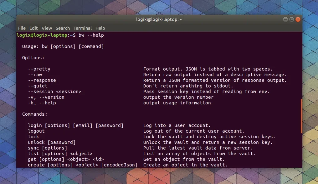 Terminal mostrando opções do Bitwarden