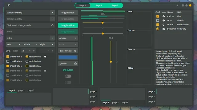 Janela com vários widgets demonstrando o tema Canta no modo escuro