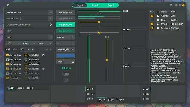 Janela com vários widgets demonstrando o tema Canta no modo escuro