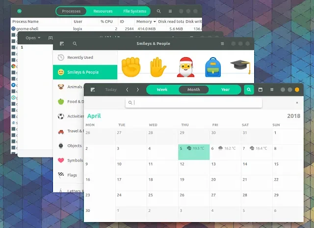Várias janelas abertas demonstrando o tema Canta no GNOME