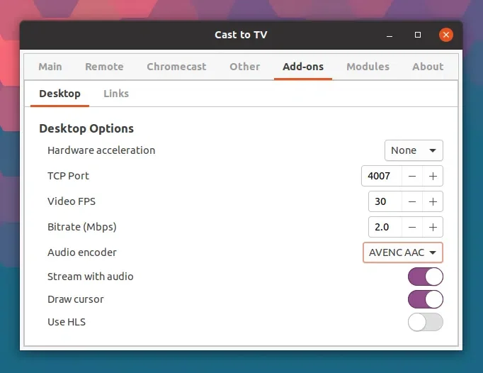 Preferências de linux da área de trabalho do Cast