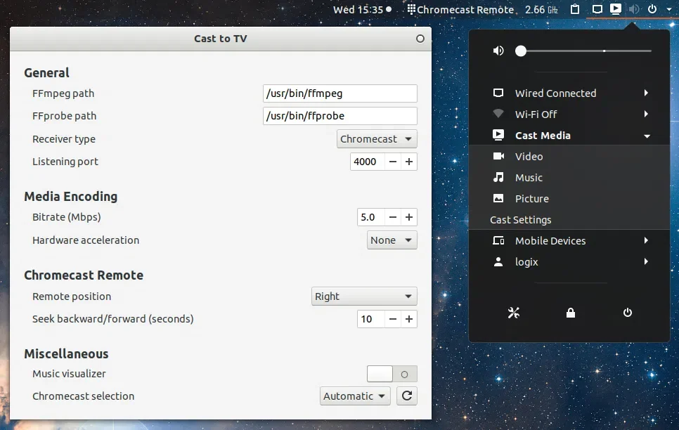 Transmitir para extensão GNOME da TV