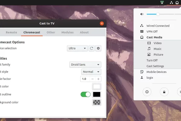 Cast To TV v11 Extensão GNOME Chromecast adiciona lista de reprodução de widget remoto, suporte GNOME Shell 3.34