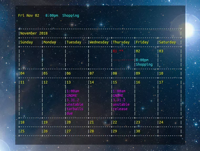 visualização do mês gcalcli e agenda