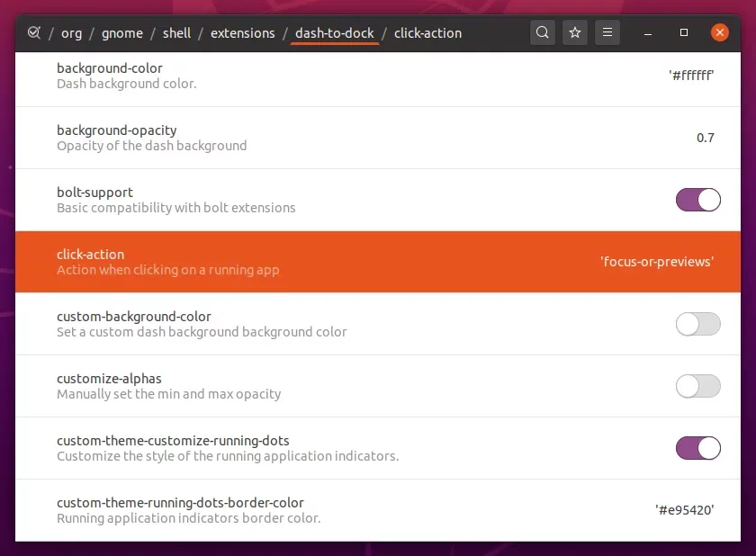 Ubuntu 20.04 dconf editor dock settings