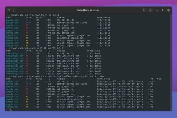 Doggo é um utilitário de pesquisa DNS com saída colorida, DNS-over-TLS e suporte DNS-over-HTTPS (linha de comando)