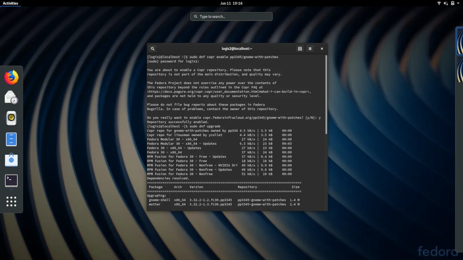 Fedora Gnome com patches Copr