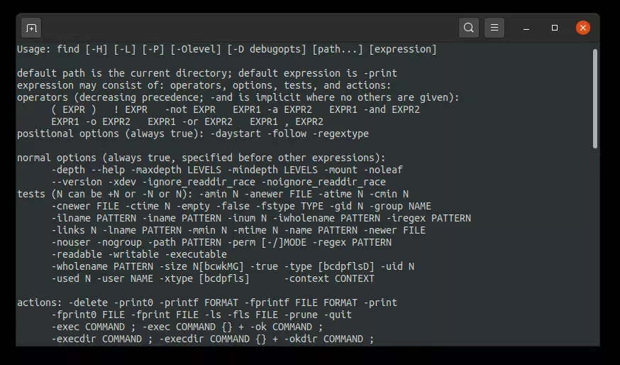 Comando find no terminal mostrando texto de ajuda