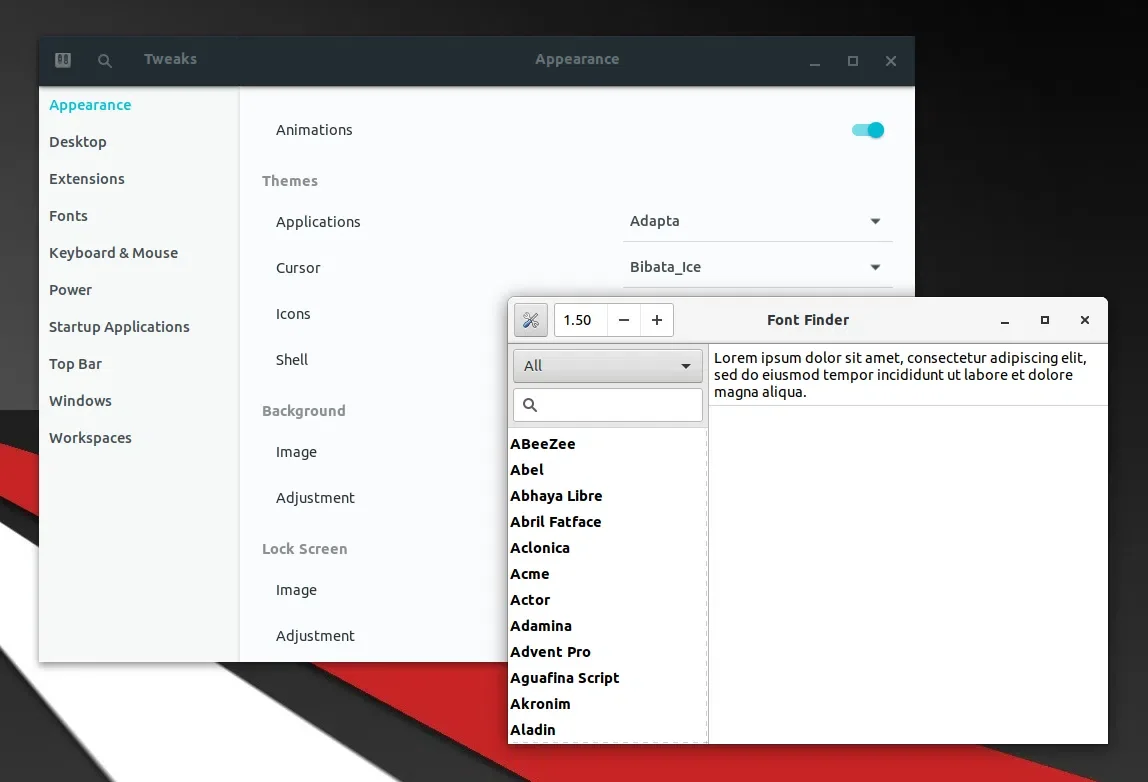 Aplicativo Font Finder com o tema Adwaita, diferente do tema escolhido no sistema
