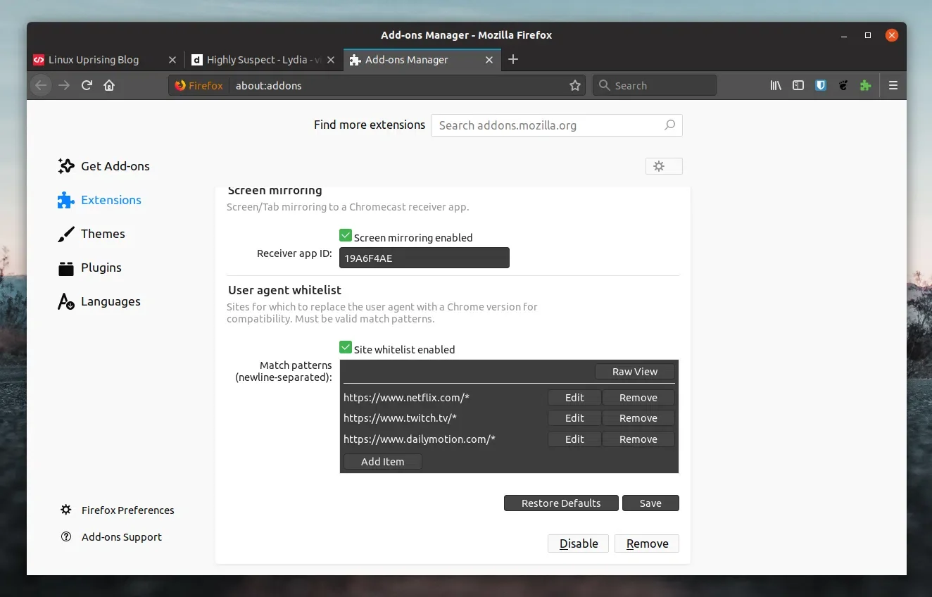 Configurações da extensão Firefox Chromecast