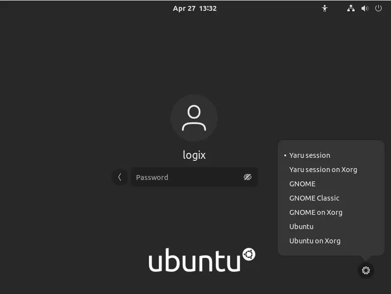 Lista de sessão GDM GNOME 40 Ubuntu 21.04