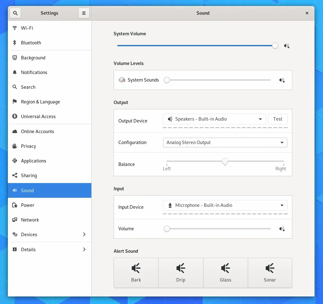 Configurações de som do GNOME 3.32