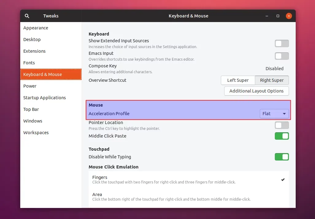 Gnome desativa aceleração do mouse Ubuntu 18.04