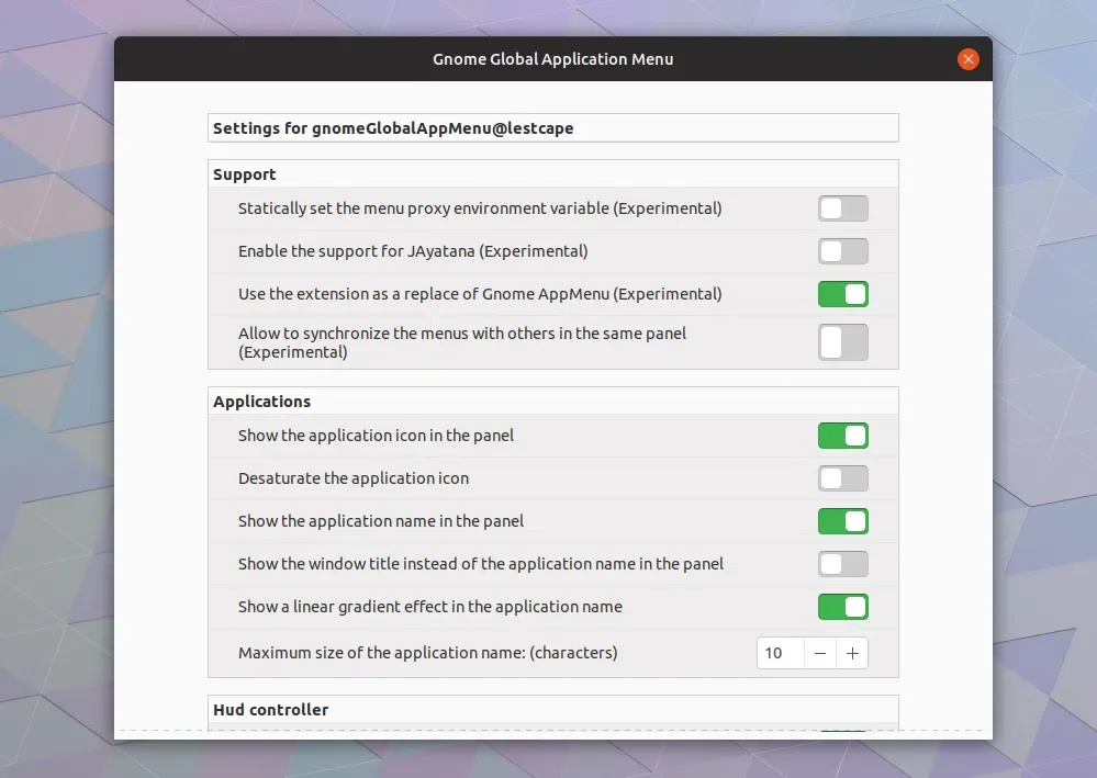 Gnome Global AppMenu settings