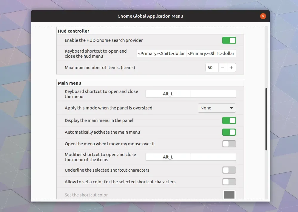 Gnome Global AppMenu settings