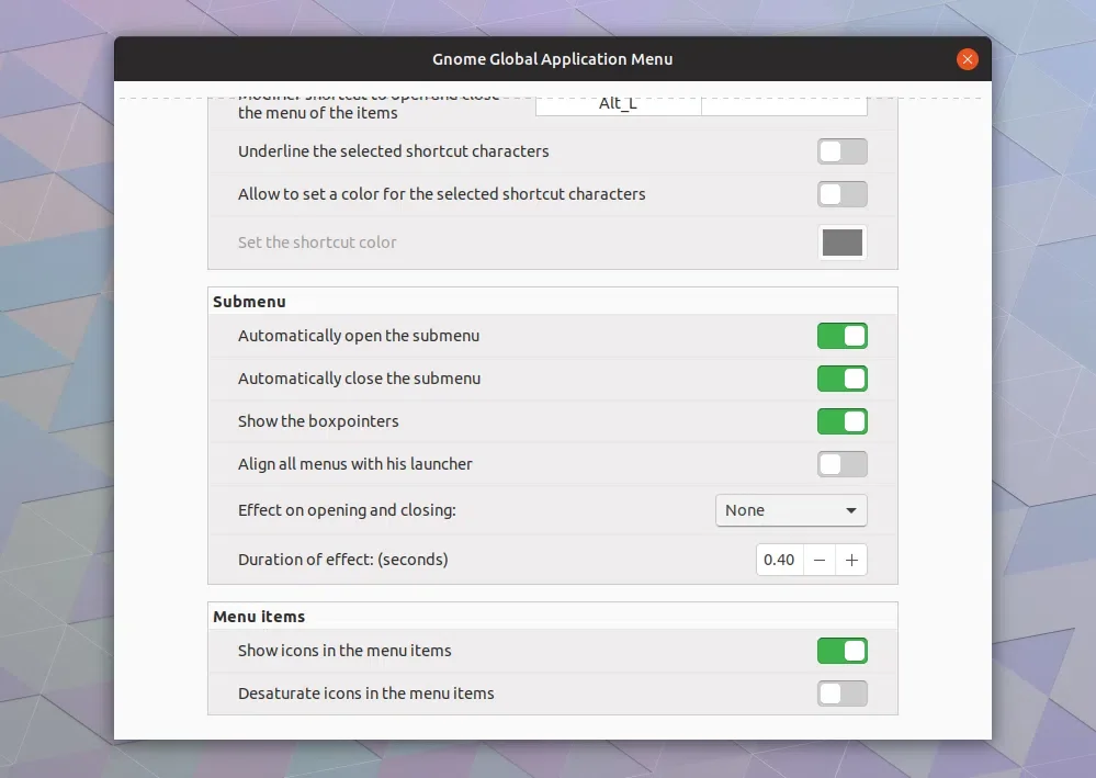 Gnome Global AppMenu settings