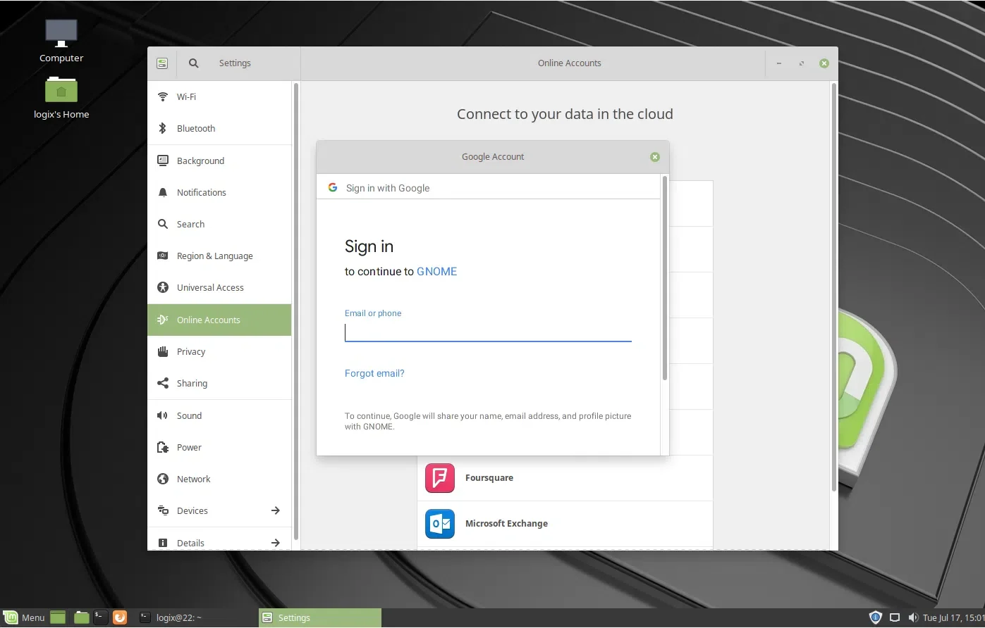 Contas online do Gnome no Linux Mint 19 MATE