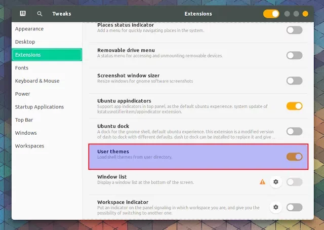 Tela do Gnome Tweaks mostrando a aba de extensões e a opção para habilitar temas do usuário