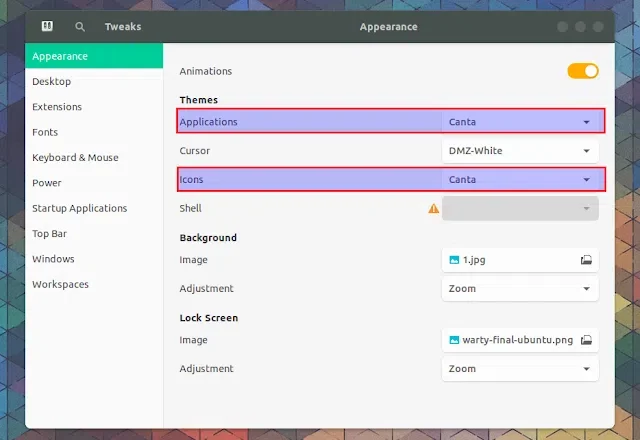 Tela do Gnome Tweaks com destaque para a parte de seleção de tema para aplicativos e ícones