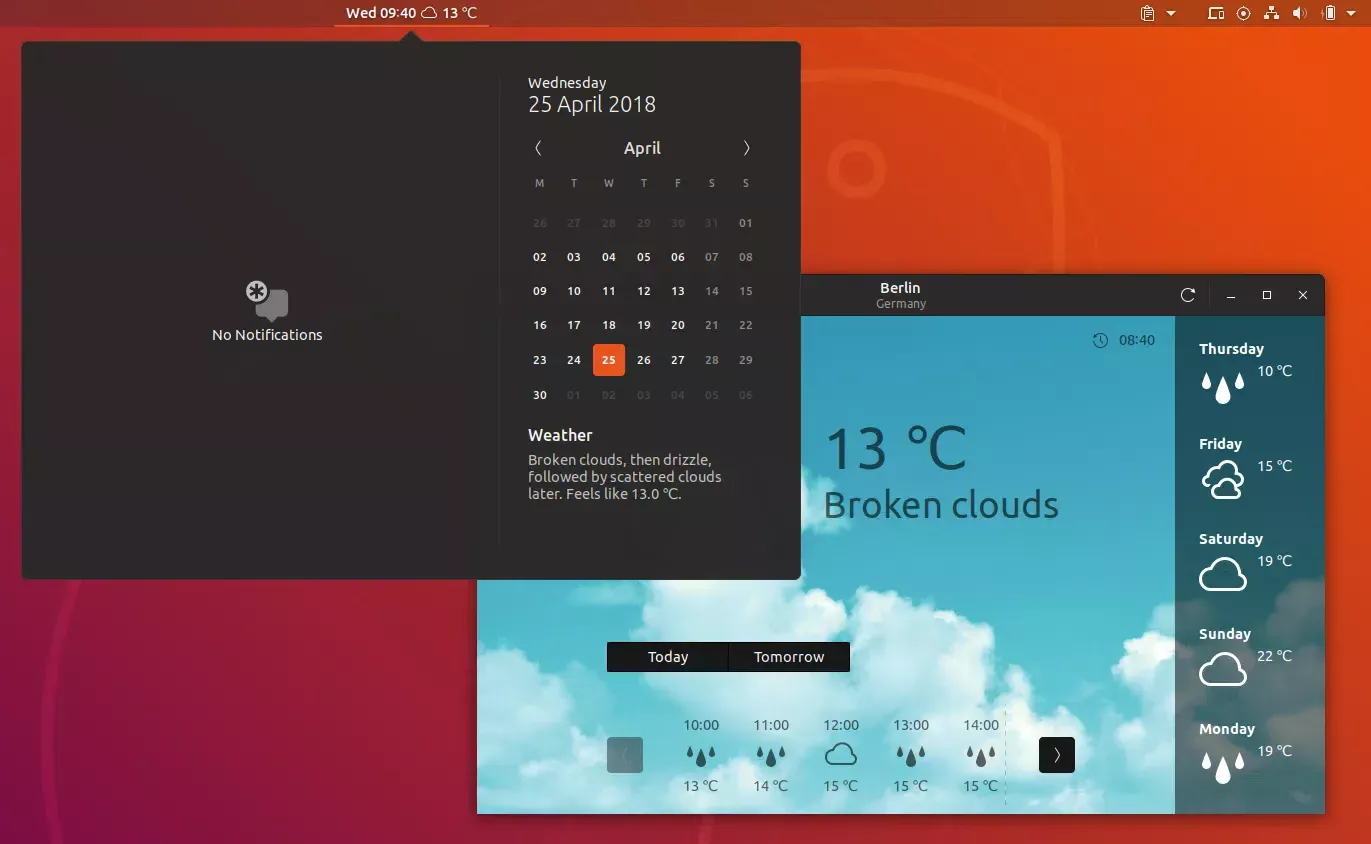 Painel mostrando informações do Gnome Weather e janela do Gnome Weather