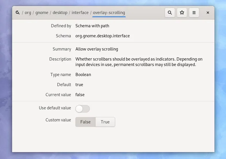 Configurações das barras de rolagem de sobreposição do Editor Dconf do Gnome 3.34