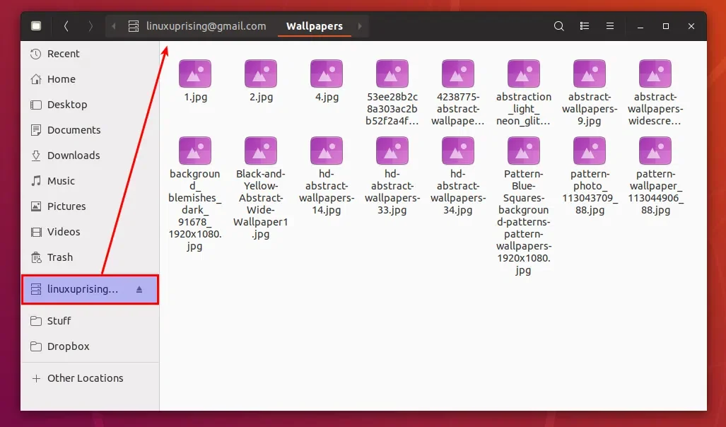 Tela mostrando integração do Google Drive com o Nautilus