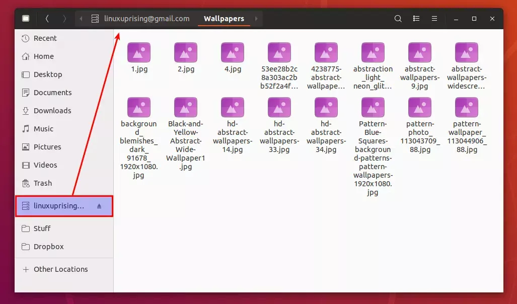 Tela mostrando integração do Google Drive com o Nautilus