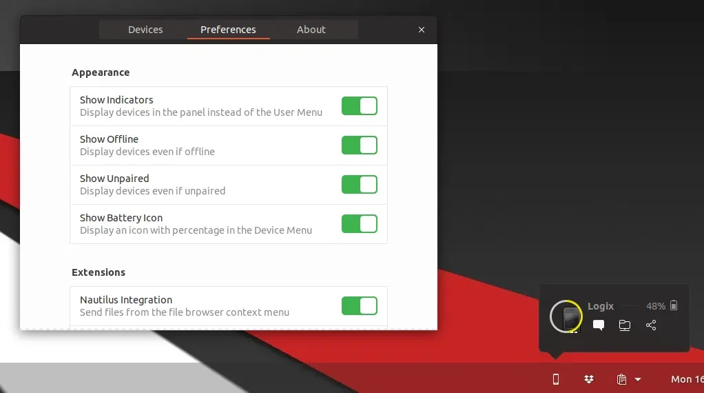 Opções de controles no painel no GSConnect