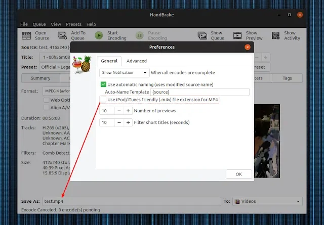 Tela mostrando opção no HandBrake para salvar MP4 como padrão
