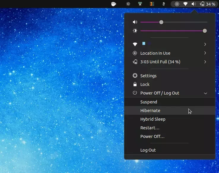 Hibernate Menu Gnome Shell