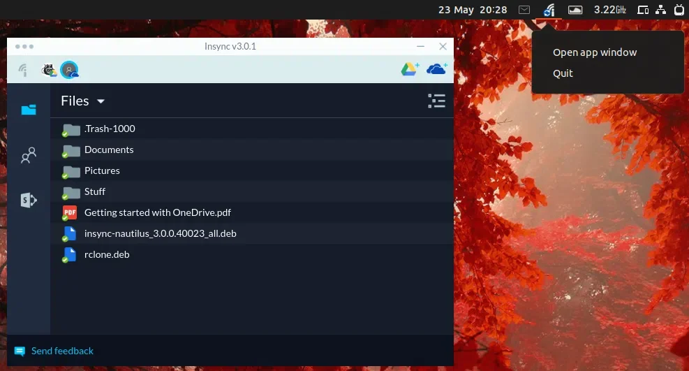 Insync 3 IU do cliente Linux e ícone da bandeja