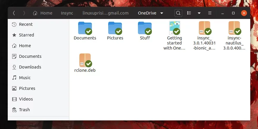 Meus arquivos OneDrive sincronizados no Nautilus (aplicativo Gnome FIles) usando o Insync