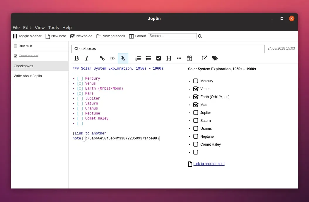 Joplin notes checkboxes link to other note