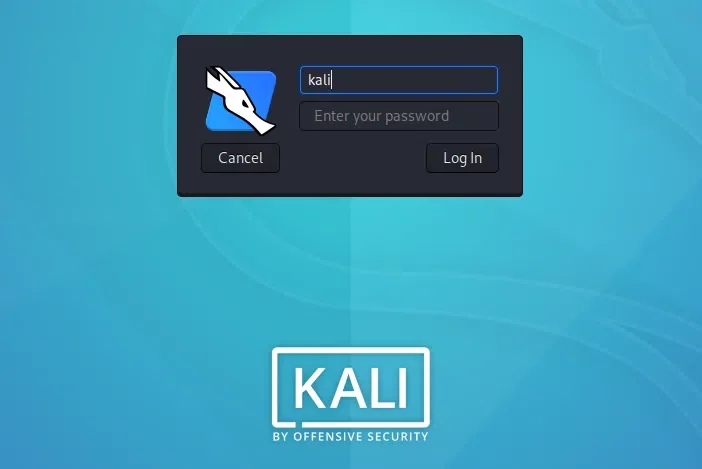 Nome de usuário kali de login do Kali Linux