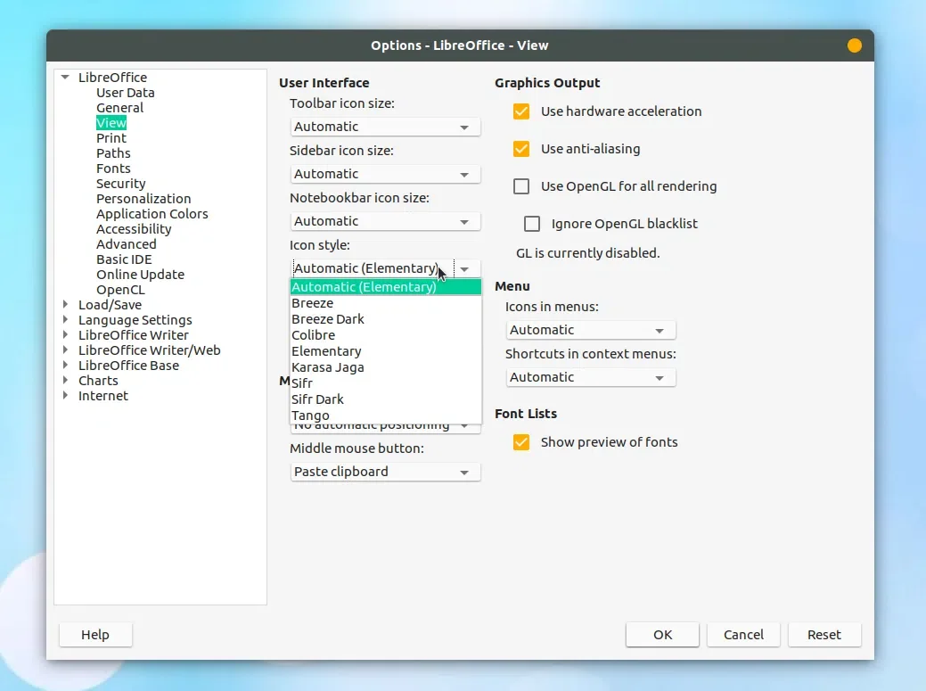 Tema do ícone de mudança do LibreOffice