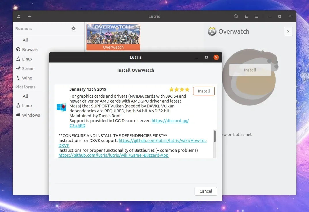 Lutris instalar jogo Overwatch
