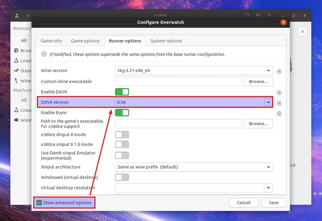 Lutris definir versão dxvk