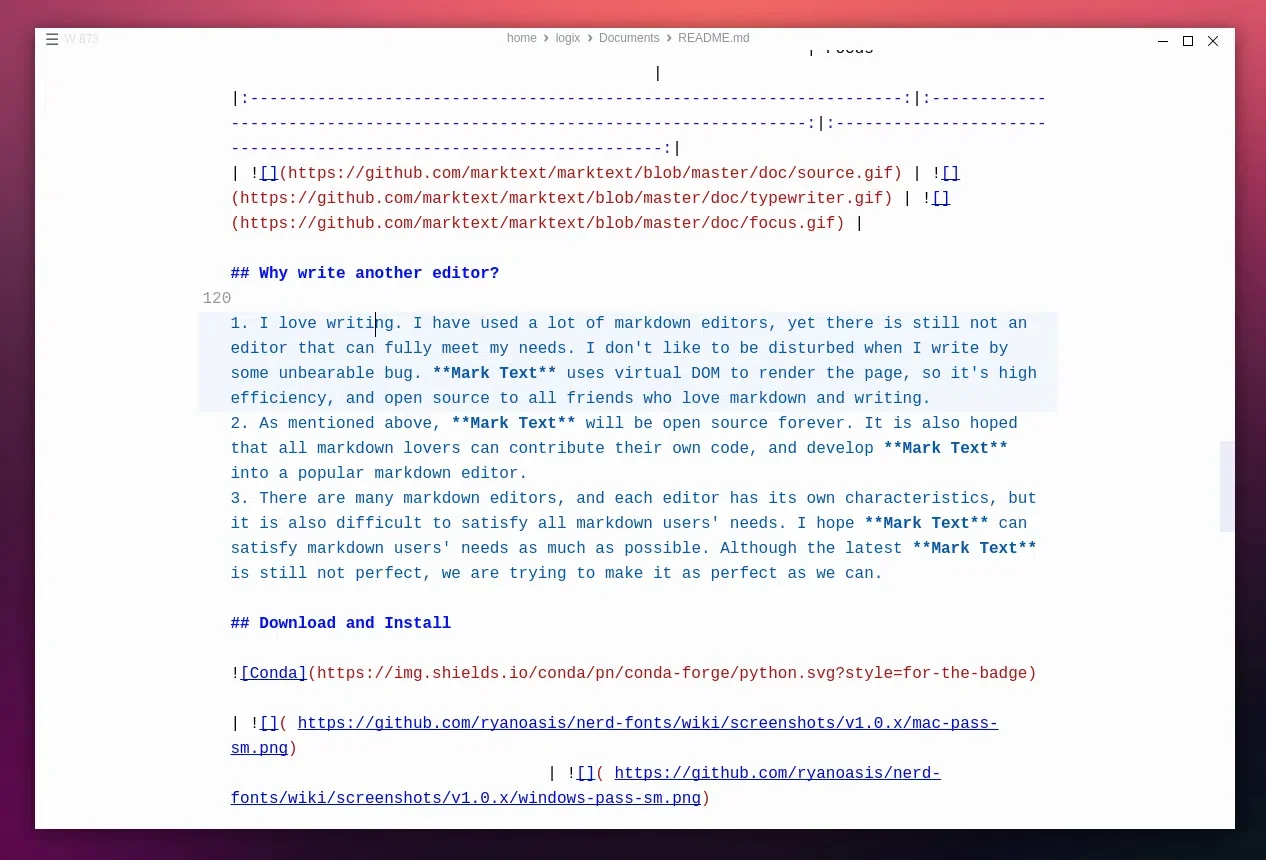 Aplicativo Mark Text no modo código fonte