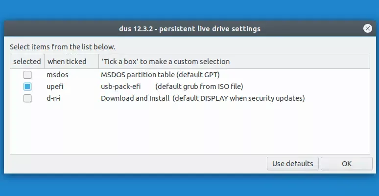 configurações de persistência usb