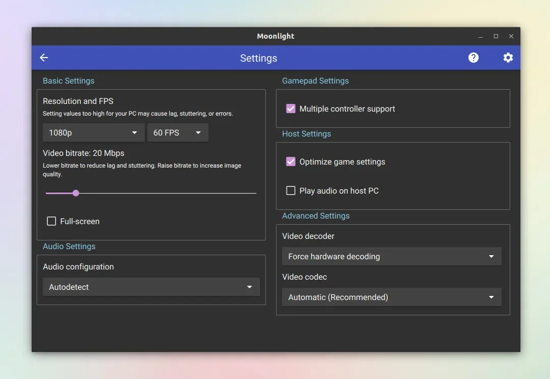 Configurações do Moonlight Qt