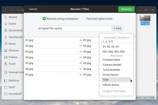 Como ativar a renomeação de lote baseada em metadados em arquivos GNOME (Nautilus) no Ubuntu