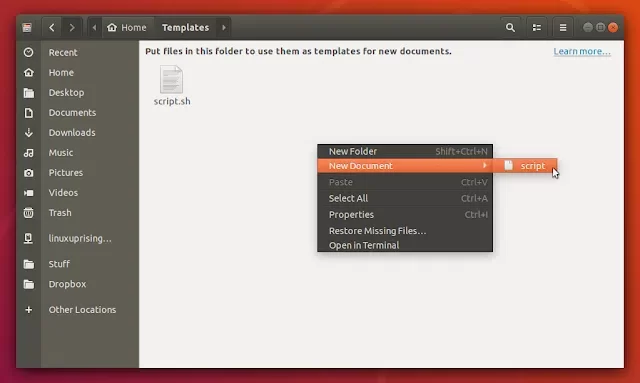 Nautilus mostrando um novo item no menu de contexto para criar novo arquivo