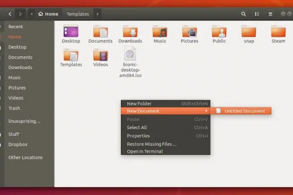 Ubuntu 20.04 ou 18.04: Adicionar opção "Novo Documento" de volta no menu de contexto do Nautilus